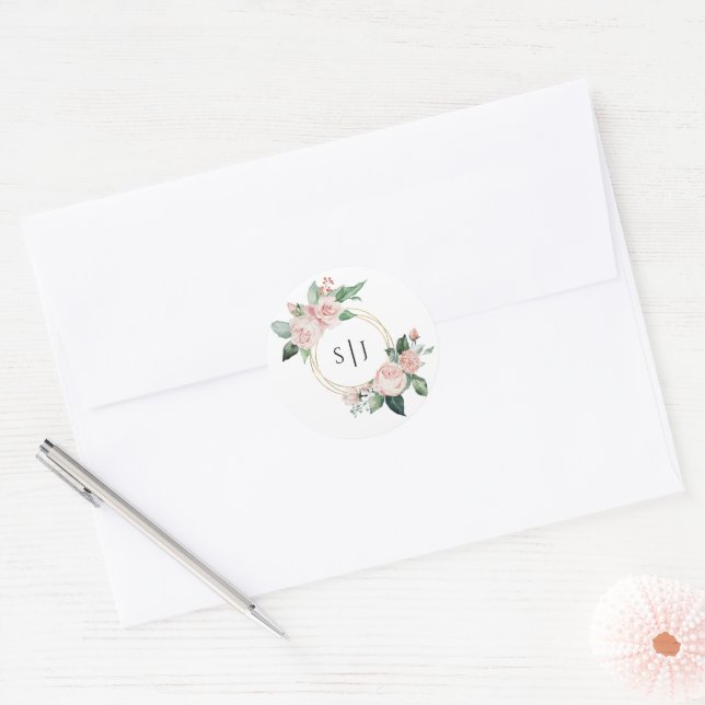 Adesivo Redondo Vinheta de Casamento de Monograma Branco Blush Flo (Envelope)