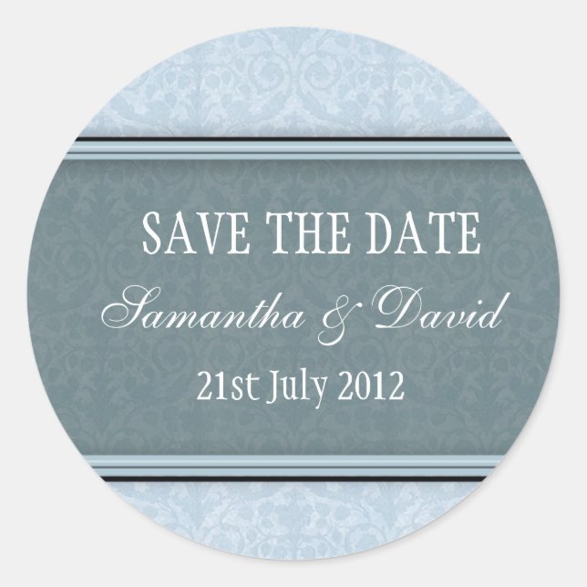 Adesivo Redondo Vinheta de Casamento de Monograma com Damasco Azul (Frente)