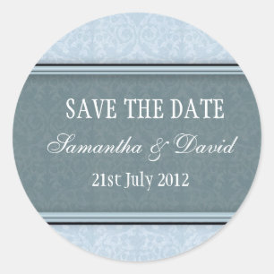 Adesivo Redondo Vinheta de Casamento de Monograma com Damasco Azul