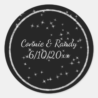 Adesivo Redondo Vinheta de Casamento de Monograma Preto e Prateado