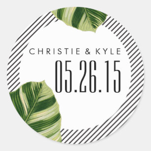 Adesivo Redondo Vinheta de Casamento de Palm Tree Beach Tropical