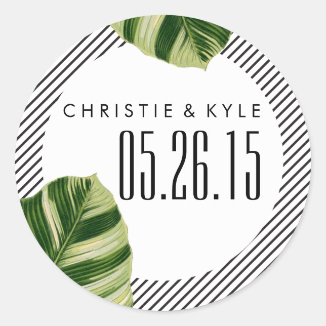 Adesivo Redondo Vinheta de Casamento de Palmeiras Tropicais (Frente)