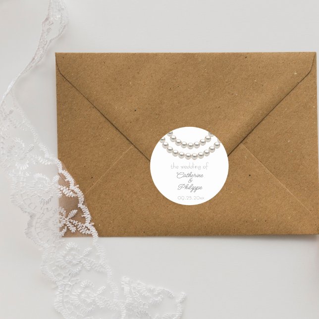 Adesivo Redondo Vinheta de Casamento de Pérolas Elegante (Criador carregado)