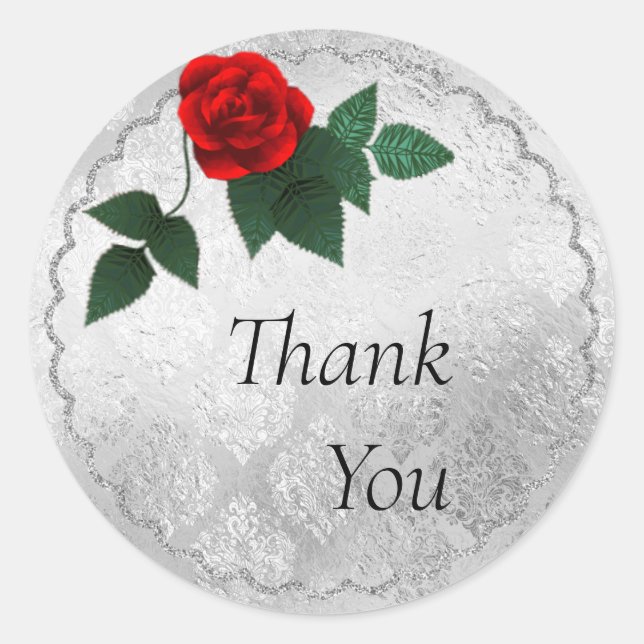 Adesivo Redondo Vinheta de Casamento de Prata e Rosa vermelha (Frente)