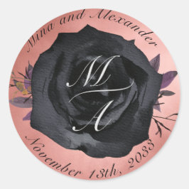 Adesivo Redondo Vinheta de Casamento de Rosa preto embebido Elegan