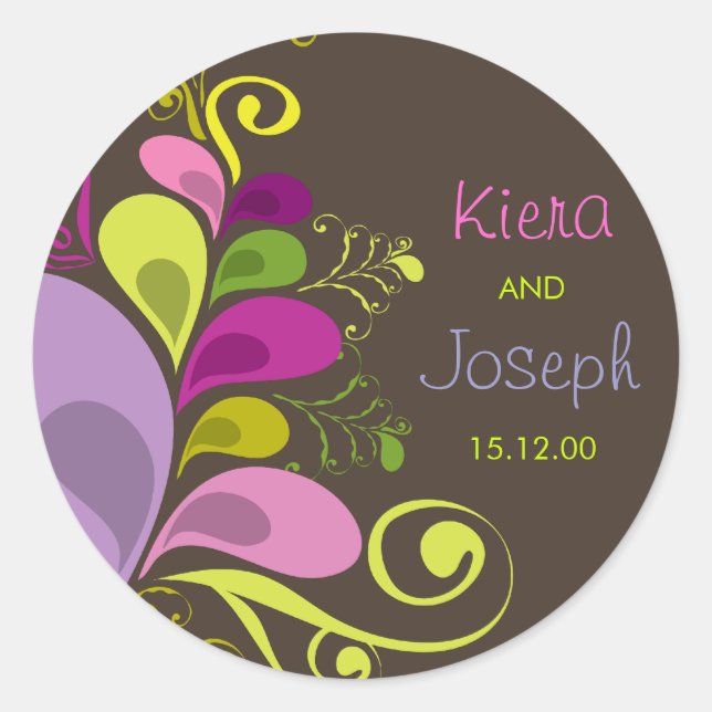 Adesivo Redondo Vinheta de Casamento de Verão com Deco Floral Colo (Frente)