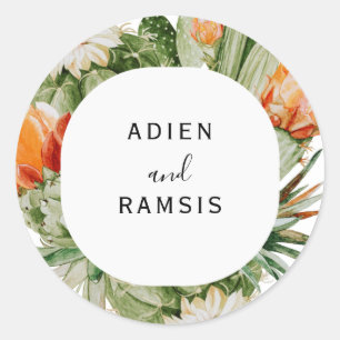 Adesivo Redondo Vinheta de Casamento do Deserto Floral de Cactus