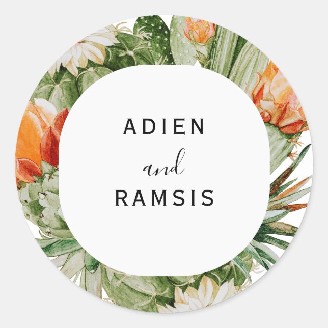 Adesivo Redondo Vinheta de Casamento do Deserto Floral de Cactus (Frente)