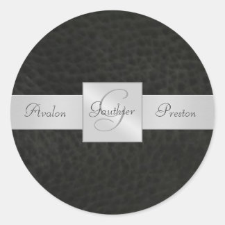 Adesivo Redondo Vinheta de Casamento do Monograma de Couro Preto
