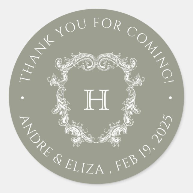 Adesivo Redondo Vinheta de Casamento do Monograma do Sage Elegante (Frente)