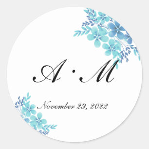Adesivo Redondo Vinheta de casamento do monograma romântico azul