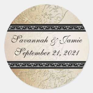 Adesivo Redondo Vinheta de Casamento Dourada de Fontes Pretas