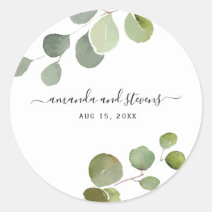 Adesivo Redondo Vinheta de Casamento Eucalyptus com Script Moderno
