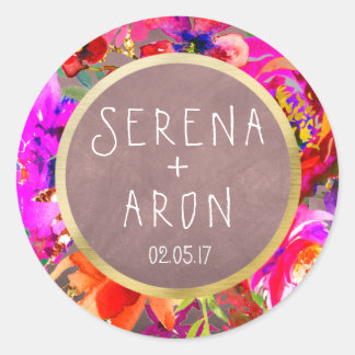 Adesivo Redondo Vinheta de casamento floral de cor violeta