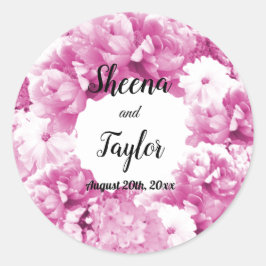 Adesivo Redondo Vinheta de Casamento Floral, Rosa Monocromática,