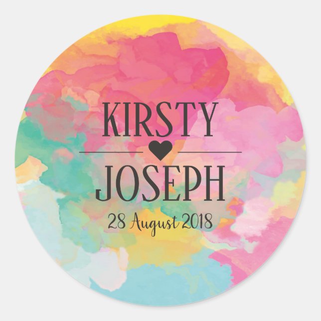 Adesivo Redondo Vinheta de Casamento Monograma com Cor de Água Bri (Frente)