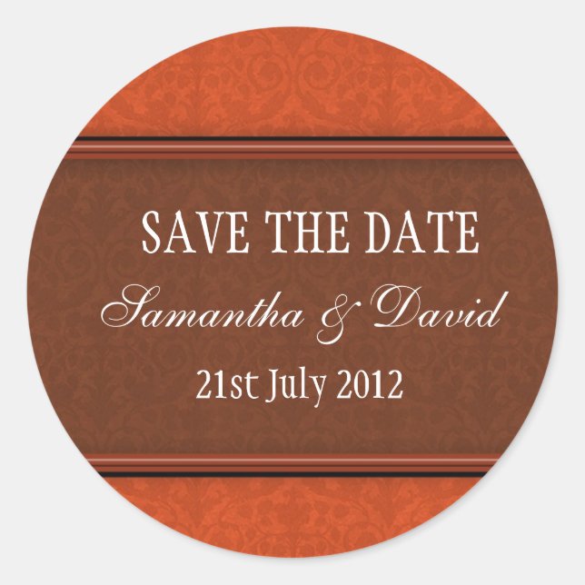 Adesivo Redondo Vinheta de Casamento Monograma com Damasco de Rust (Frente)