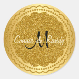Adesivo Redondo Vinheta de Casamento Monograma com Folha de Ouro