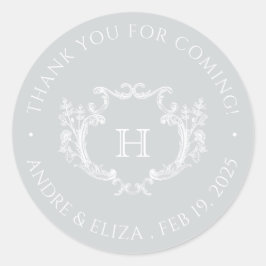 Adesivo Redondo Vinheta de Casamento Monograma de Prata Botânica