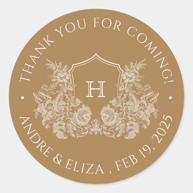 Adesivo Redondo Vinheta de Casamento Monograma Dourada Elegante (Frente)