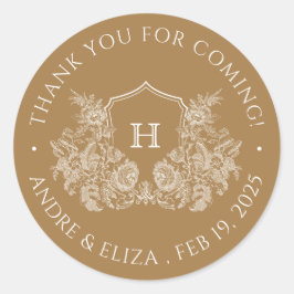 Adesivo Redondo Vinheta de Casamento Monograma Dourada Elegante