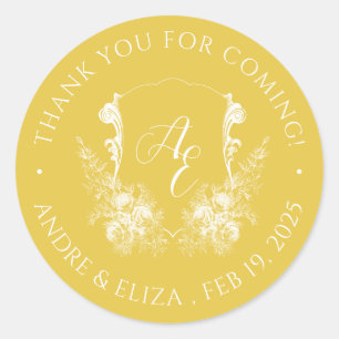 Adesivo Redondo Vinheta de Casamento Monograma Dourada Elegante