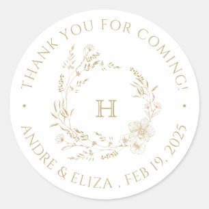 Adesivo Redondo Vinheta de Casamento Monograma Dourado Botânico