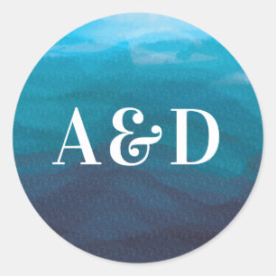 Adesivo Redondo Vinheta de Casamento por Aquarela do Oceano Azul,