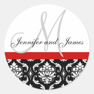Adesivo Redondo Vinheta de Casamento Vermelho para Damask & Names