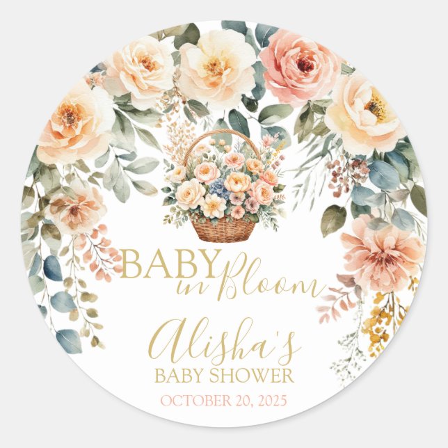 Adesivo Redondo Vinheta de Chá de fraldas das flores de cesto (Frente)