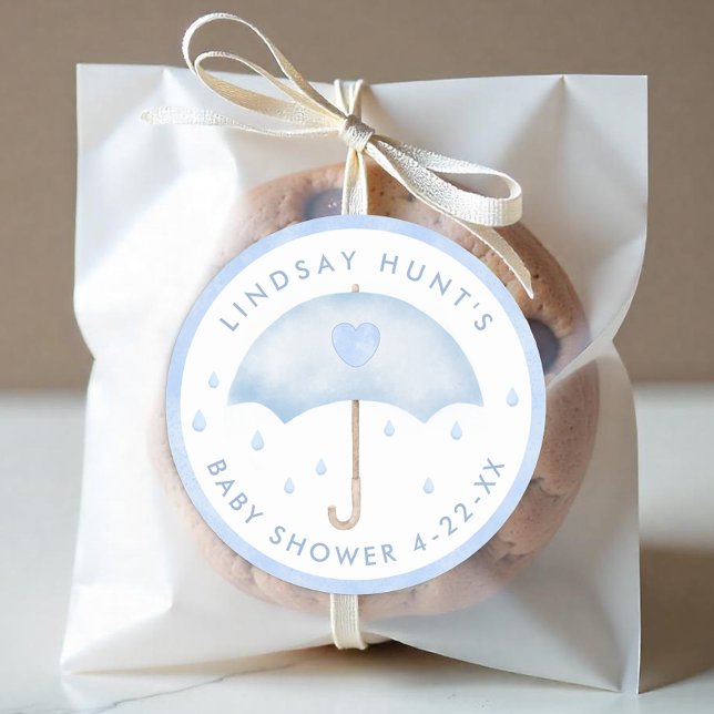 Adesivo Redondo Vinheta de Chá de fraldas Guarda-chuvas Azul (Boy Baby Shower Favor Sticker)
