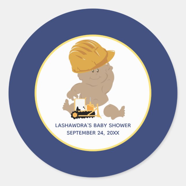 Adesivo Redondo Vinheta de Chá do Bebê de Construção (Frente)