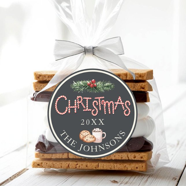 Adesivo Redondo Vinheta de chocolate quente de chocolate de Natal (Christmas Party Favor Sticker)