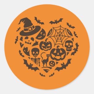 Adesivo Redondo Vinheta de Colagem de Ícones do Coração Halloween