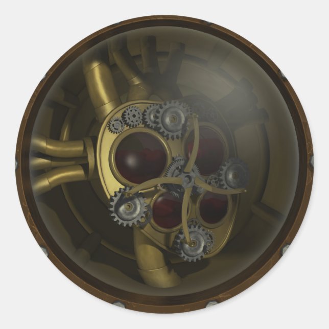 Adesivo Redondo Vinheta de Coração Mecânica Steampunk (Frente)