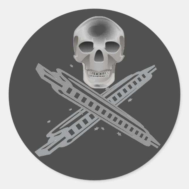Adesivo Redondo Vinheta de crânio e Harpbones (Frente)