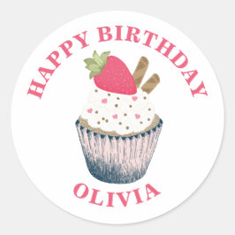 Adesivo Redondo Vinheta de Cupcake de morango - Pintel de coração