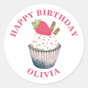 Adesivo Redondo Vinheta de Cupcake de morango - Pintel de coração 