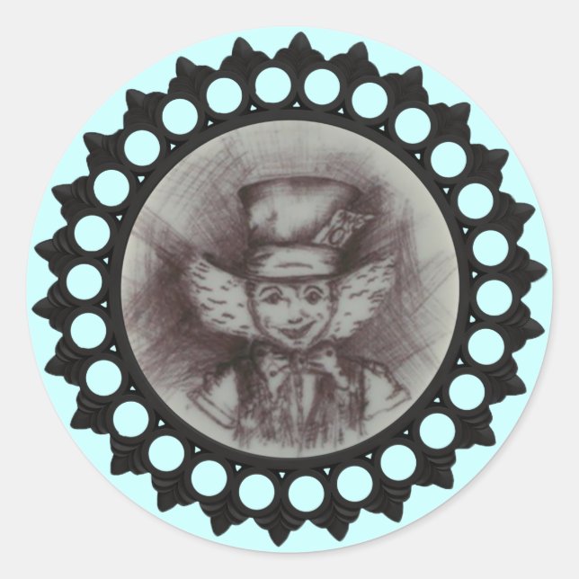 Adesivo Redondo Vinheta de Desenho Mad Hatter (Frente)