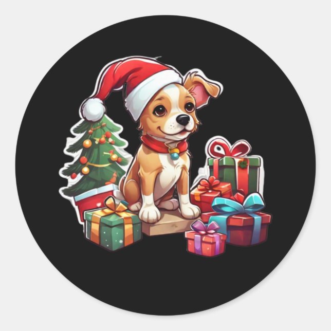 Adesivo Redondo Vinheta de Design de Cachorro de Natal (Frente)