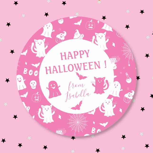 Adesivo Redondo Vinheta de Dia das Bruxas Rosa, Bonita e Bonita, c (Spooky cute round pink Halloween kid sticker to seal favor bags .)