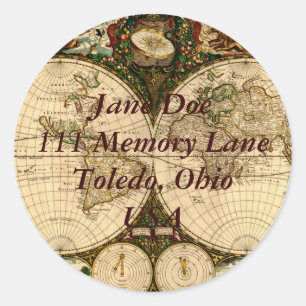 Adesivo Redondo Vinheta de Endereços do Mapa do Mundo Antigo