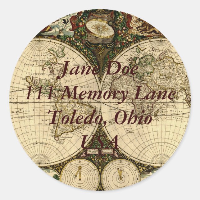 Adesivo Redondo Vinheta de Endereços do Mapa do Mundo Antigo (Frente)