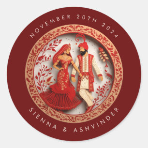 Adesivo Redondo Vinheta de Envelope Casal de Casamento Indiano