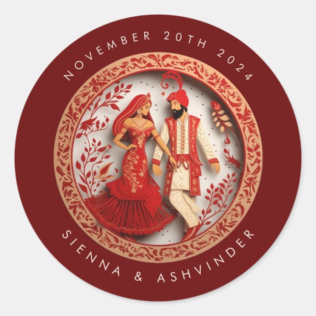 Adesivo Redondo Vinheta de Envelope Casal de Casamento Indiano (Frente)