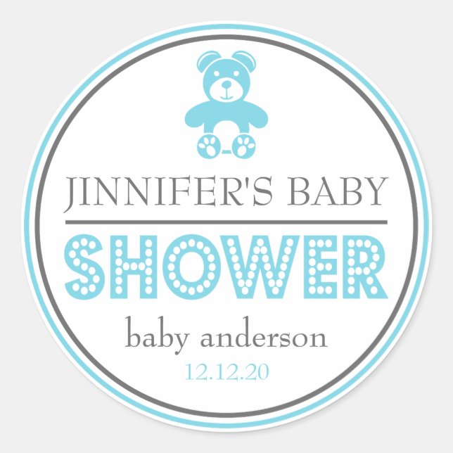 Adesivo Redondo Vinheta de Favor do Urso do chá de fraldas (Azul / (Frente)