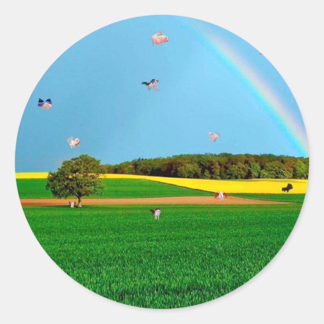 Adesivo Redondo Vinheta de Fazenda de porcos voadores (Frente)