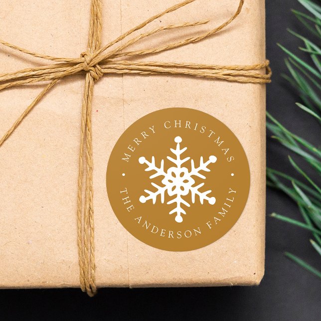 Adesivo Redondo Vinheta de Feriado Dourado com Floco de Neve Moder (Criador carregado)