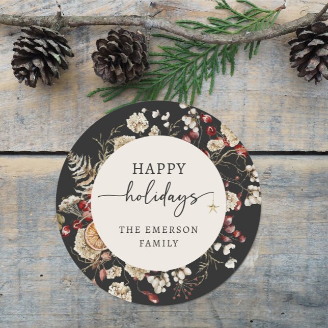 Adesivo Redondo Vinheta de Feriado Preto Feliz (Black Happy Holiday Sticker
)