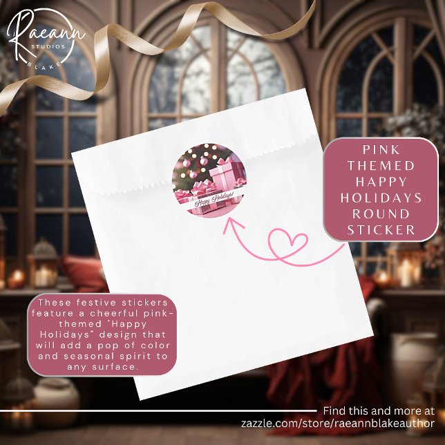 Adesivo Redondo Vinheta de Feriados Felizes, Rosa (Criador carregado)